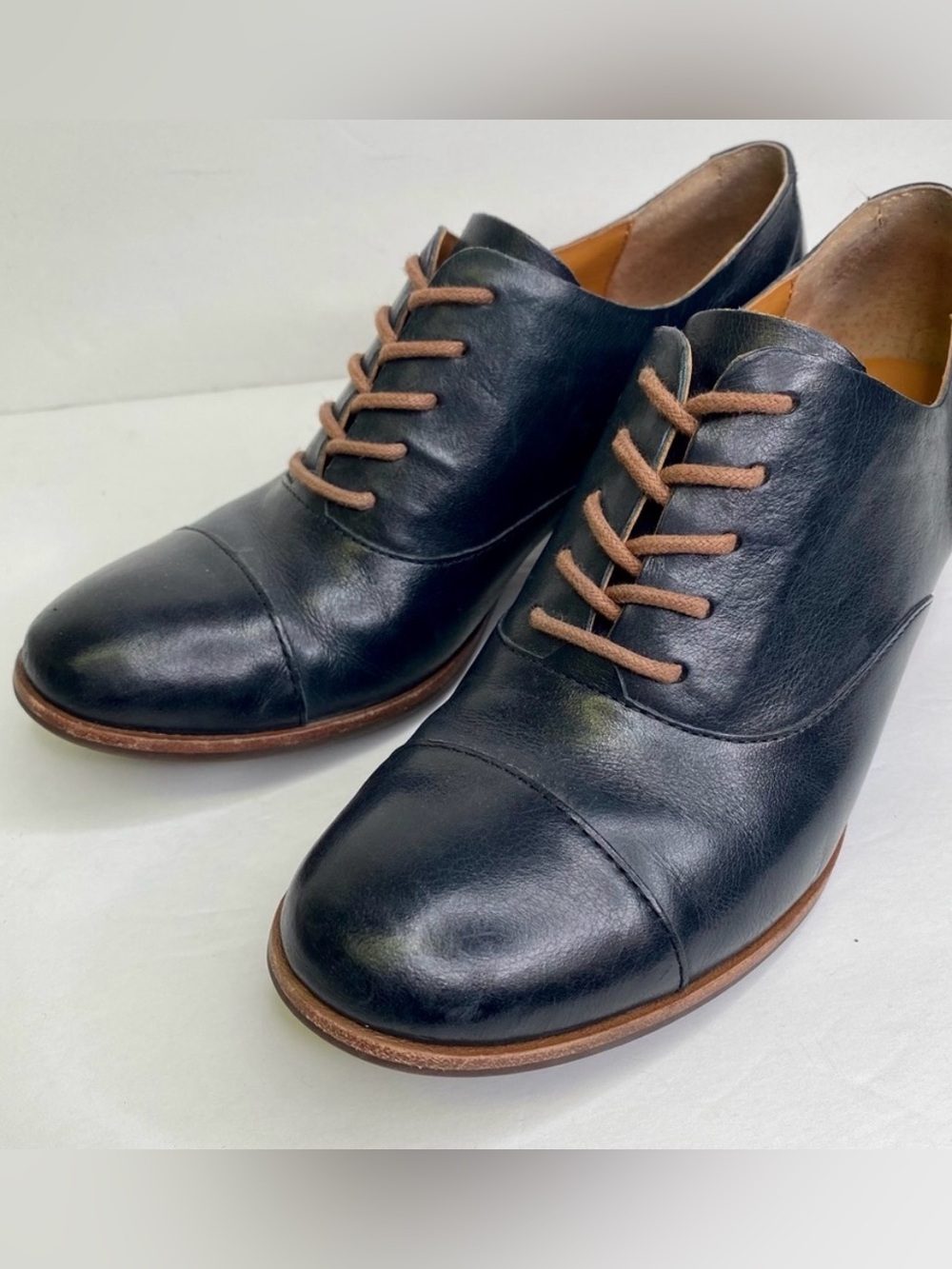 Kork-Ease Navy Blue Leather Heeled Estella Oxford Block, Brown Laces